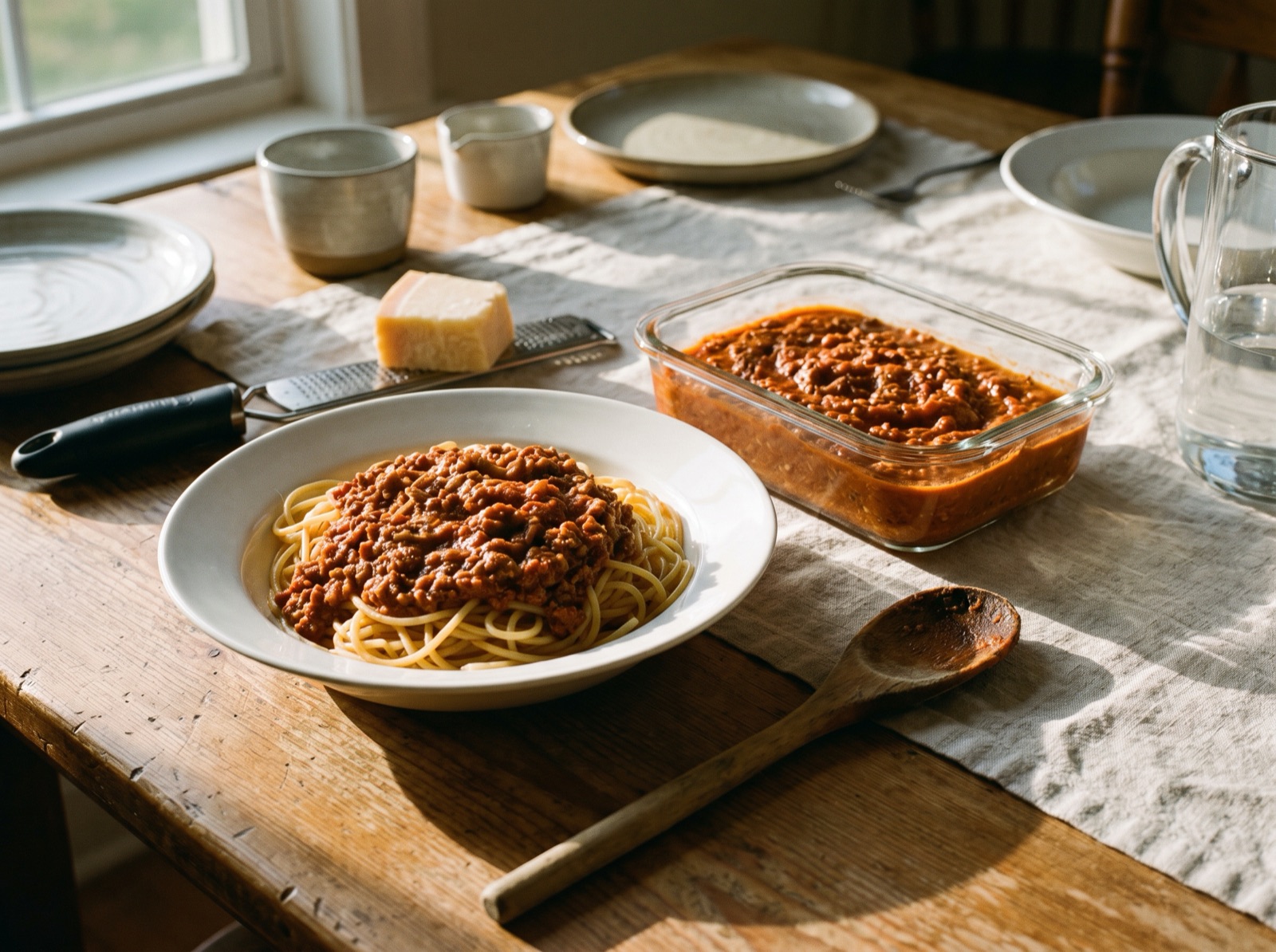 A plate of spaghetti bolognese and a box of sauce ready for the fridge