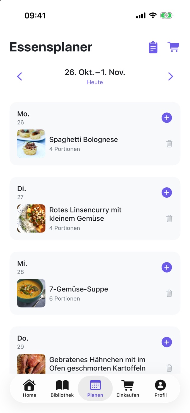 Screenshot von PlanPlate: der Essensplaner für die Woche vom 26. Oktober mit Bolognese am Montag, Linsencurry am Dienstag und 7-Gemüse-Suppe am Mittwoch
