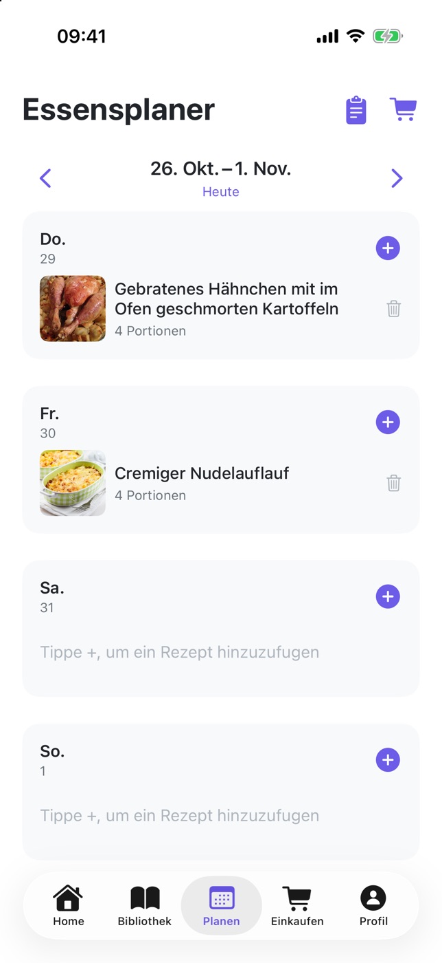 Screenshot von PlanPlate: der Rest der Woche mit Hähnchen am Donnerstag und cremigem Nudelauflauf am Freitag
