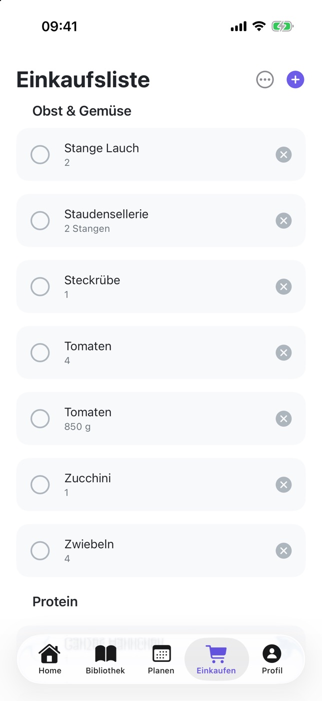 Screenshot von PlanPlate: der Tab Einkaufen mit Obst und Gemüse, danach der Gang Protein