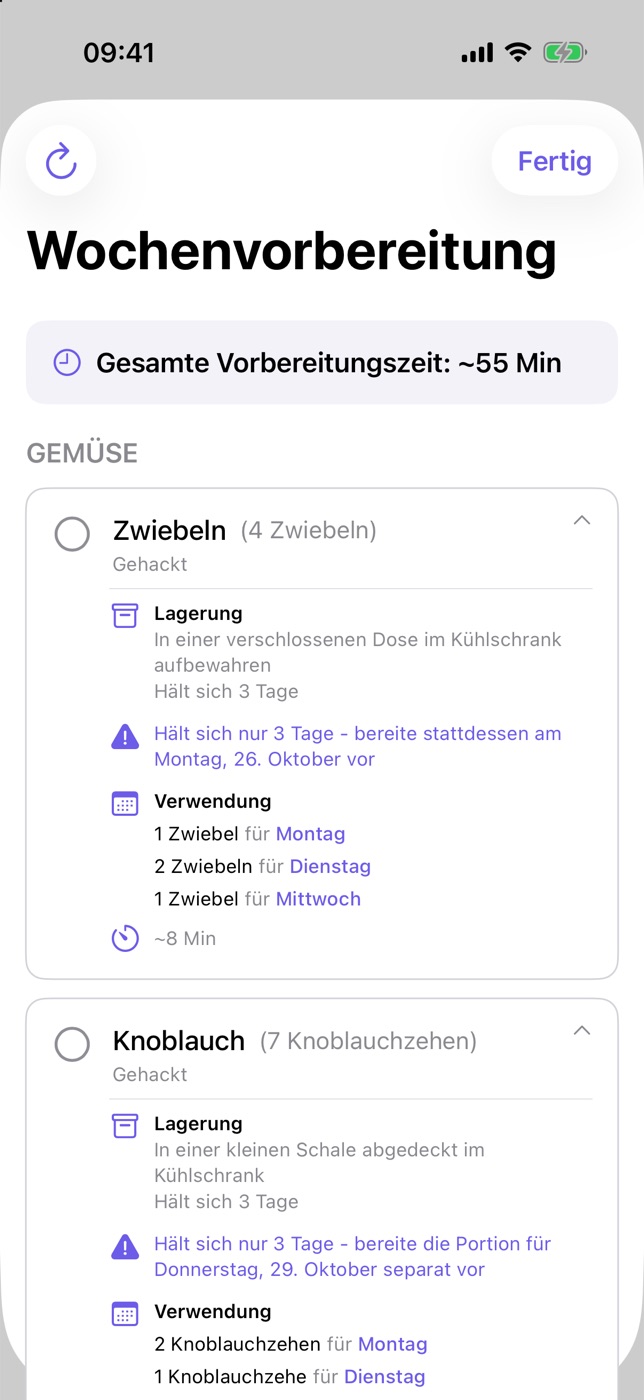 Screenshot von PlanPlate: die Aufgaben Zwiebeln und Knoblauch mit Lagerung, Haltbarkeit von 3 Tagen und dem Hinweis, die Knoblauchportion für Donnerstag separat vorzubereiten