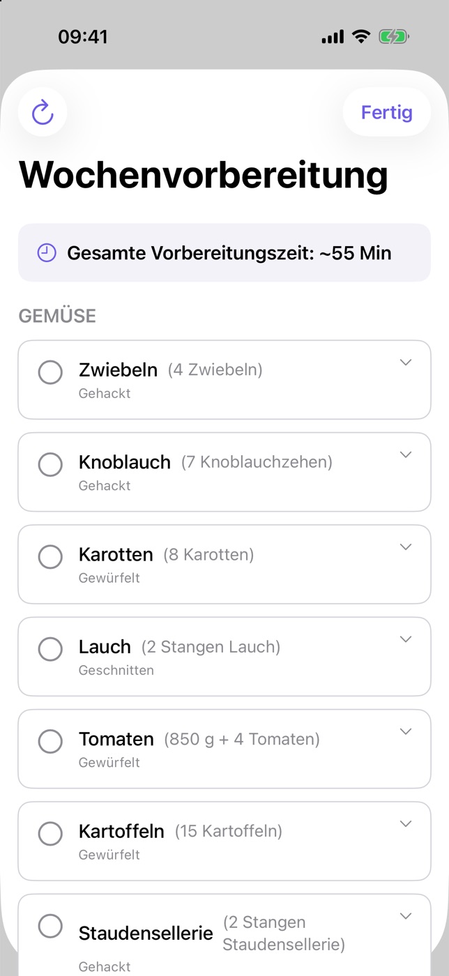 Screenshot von PlanPlate: die Wochenvorbereitung, insgesamt etwa 55 Minuten, mit Zwiebeln, Knoblauch, Karotten, Lauch, Tomaten, Kartoffeln und Staudensellerie