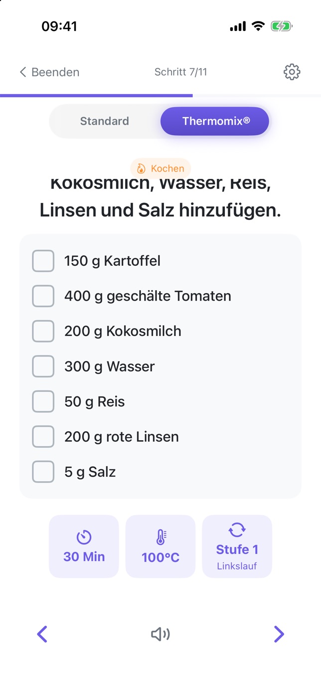 Screenshot von PlanPlate im Thermomix-Modus: die Curry-Zutaten zum Abhaken, dann 30 Minuten, 100 °C, Stufe 1 im Linkslauf