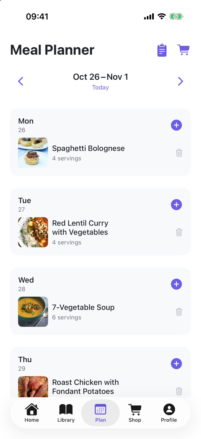 PlanPlate screenshot: the meal planner for the week of 26 October with bolognese on Monday, lentil curry on Tuesday and vegetable soup on Wednesday