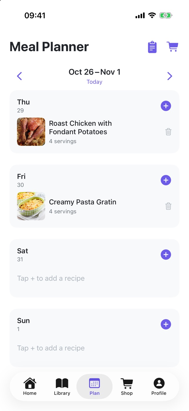 PlanPlate screenshot: the rest of the week with roast chicken on Thursday and creamy pasta gratin on Friday