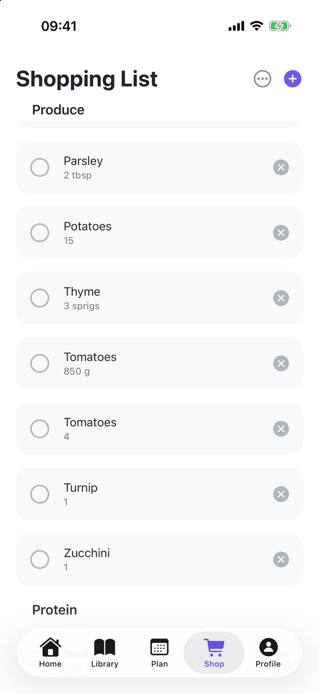 PlanPlate screenshot: the Shop tab with produce, then the protein aisle