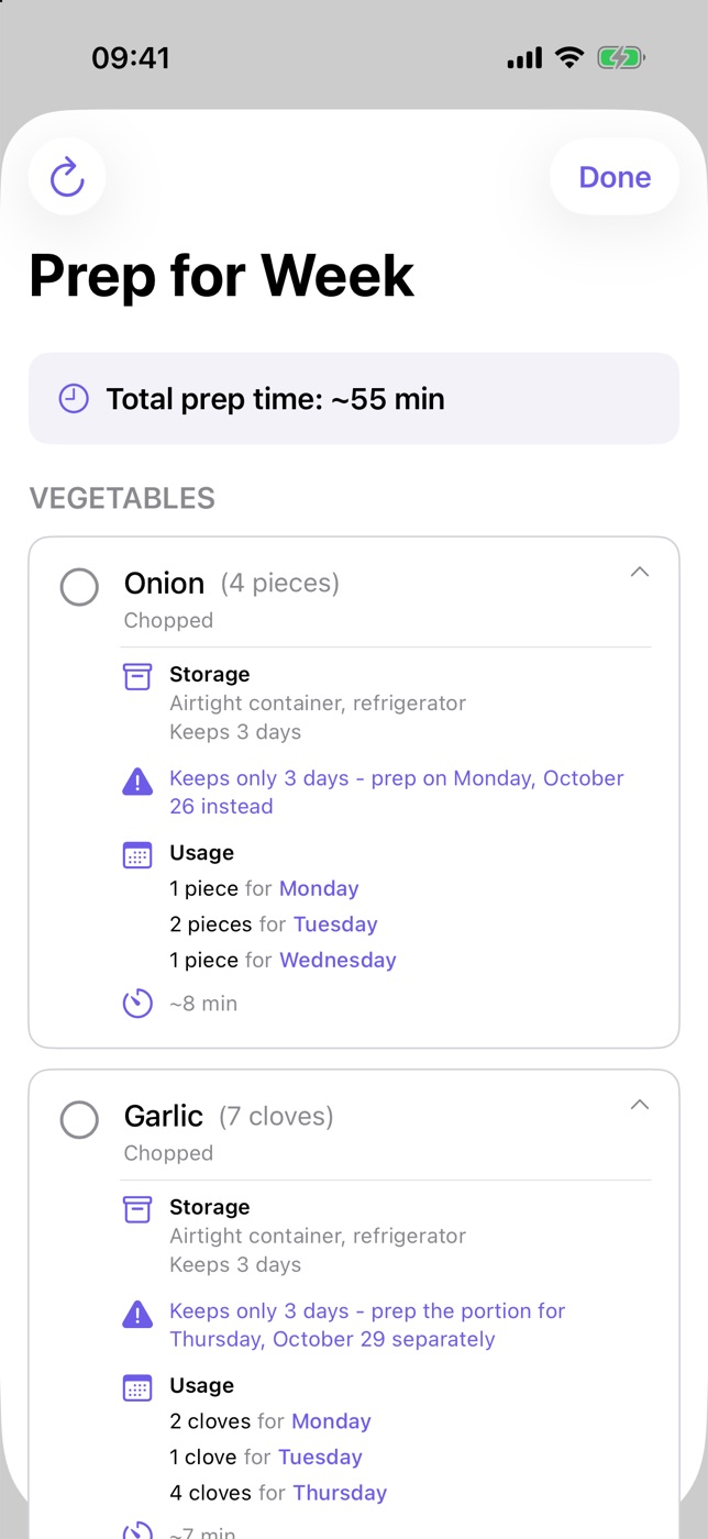 PlanPlate screenshot: the onion and garlic tasks with storage, a 3-day shelf life and the note to prep Thursday's garlic separately