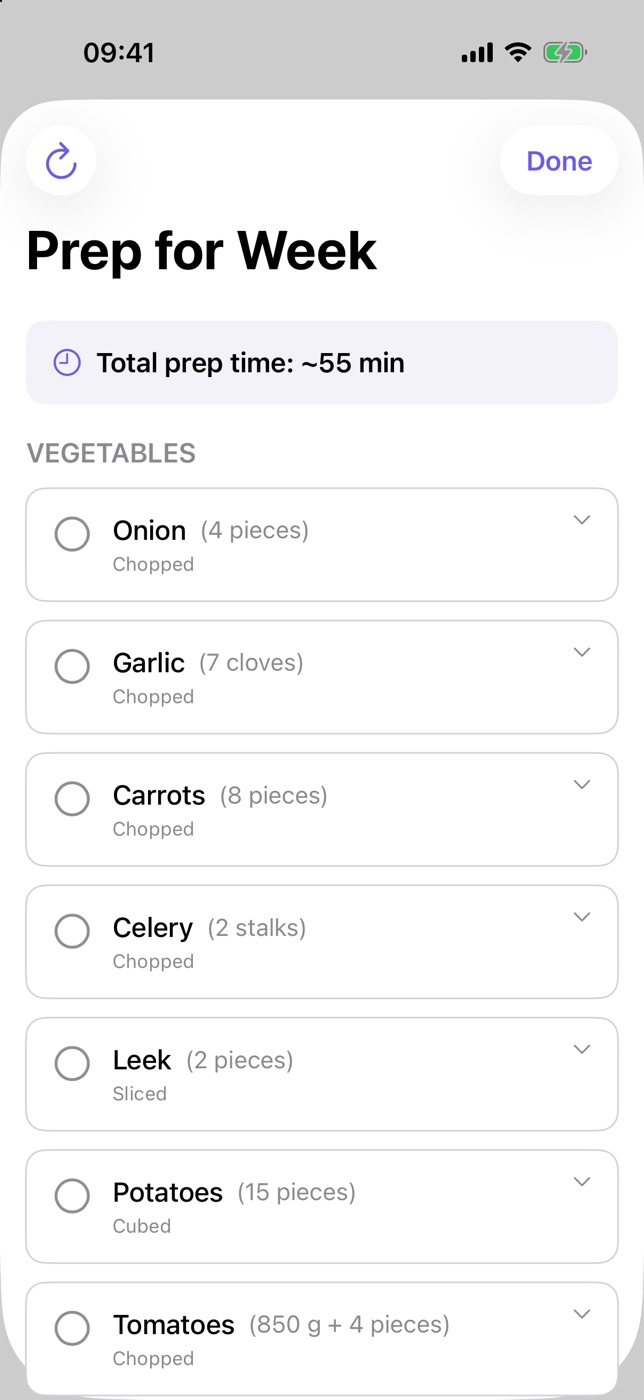 PlanPlate screenshot: the week's prep, about 55 minutes in total, with onions, garlic, carrots, celery, leek, potatoes and tomatoes