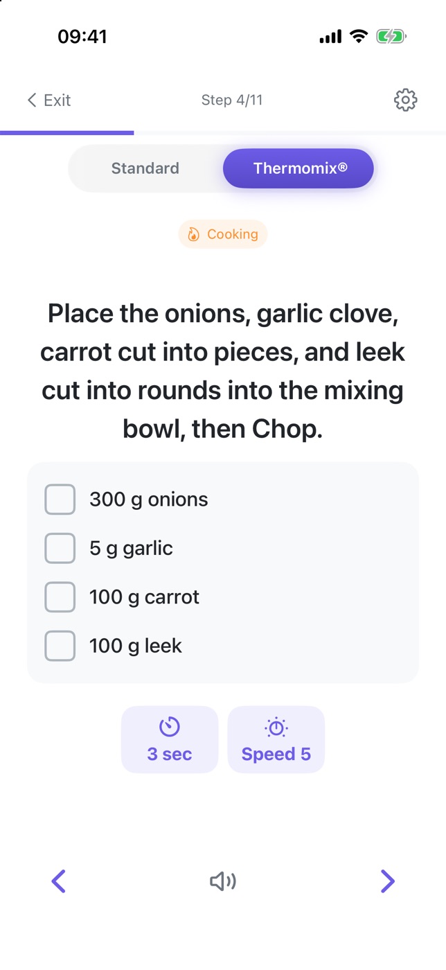 PlanPlate screenshot in Thermomix mode: put the onions, garlic, carrot and leek in the bowl and chop for 3 seconds at speed 5