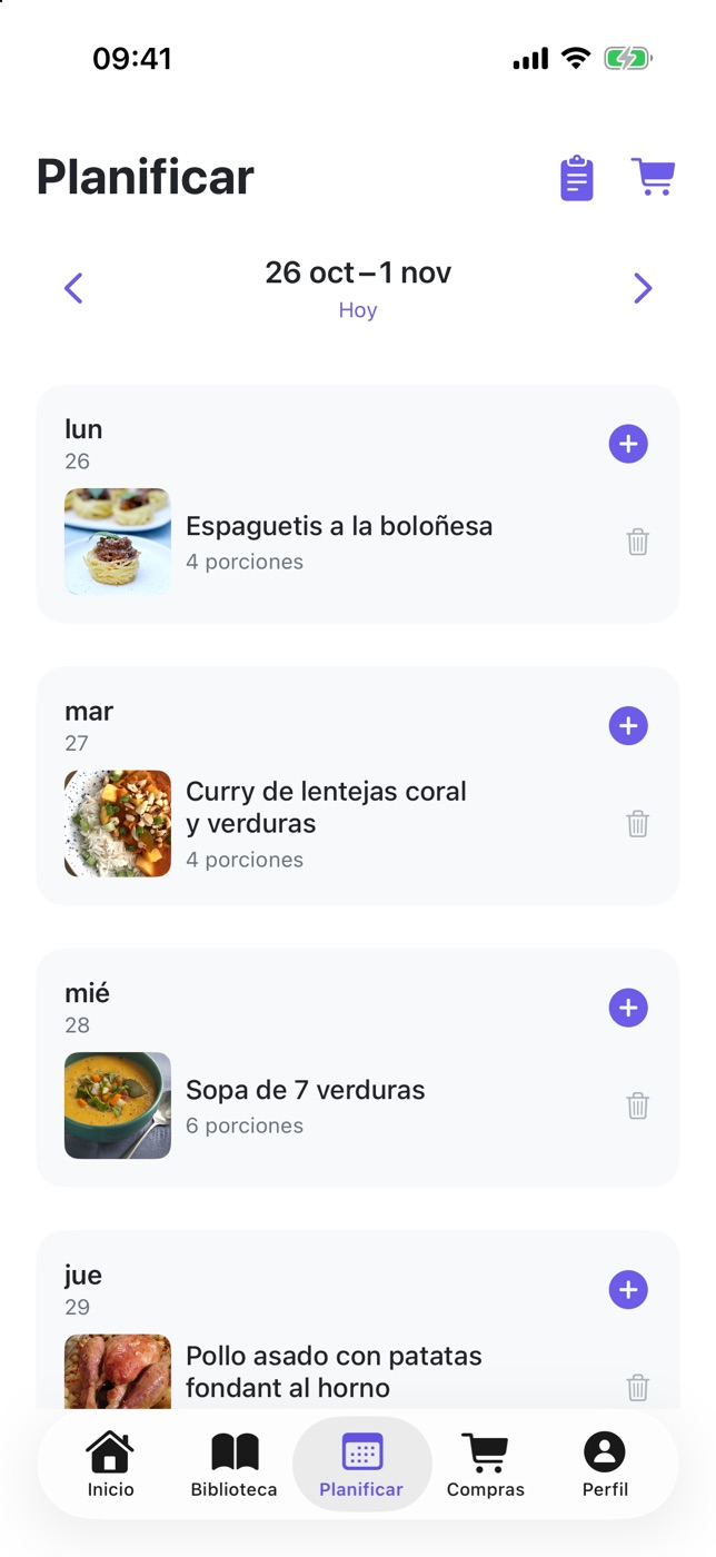Captura de PlanPlate: el planificador de la semana del 26 de octubre con la boloñesa el lunes, el curry de lentejas el martes y la sopa de 7 verduras el miércoles