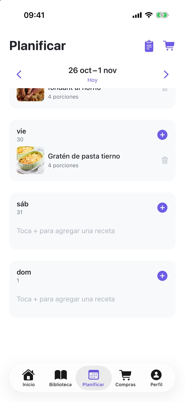 Captura de PlanPlate: el resto de la semana con el pollo asado el jueves y el gratén de pasta el viernes