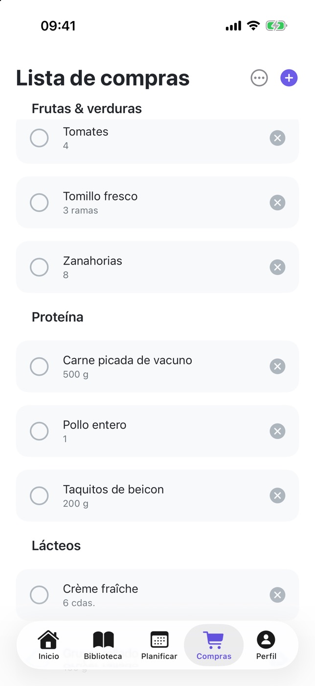 Captura de PlanPlate: la pestaña Compras con frutas y verduras, proteína y lácteos