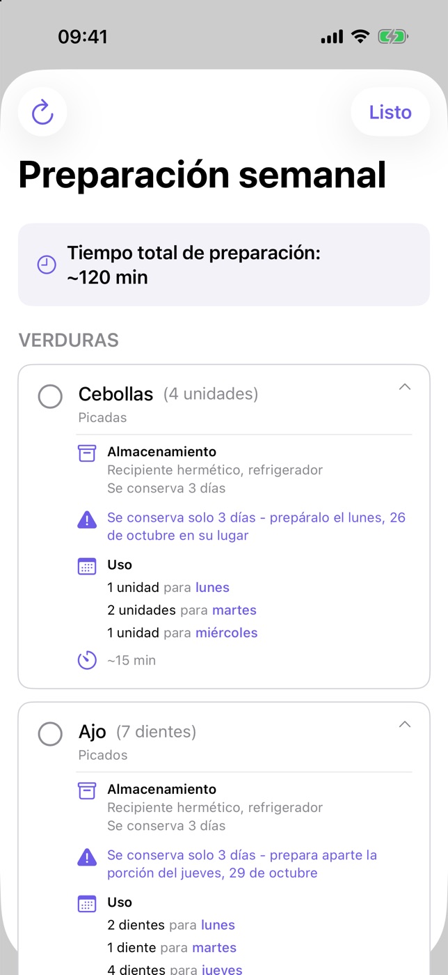 Captura de PlanPlate: las tareas de cebollas y ajo con conservación, 3 días de duración y el aviso de preparar aparte la porción de ajo del jueves