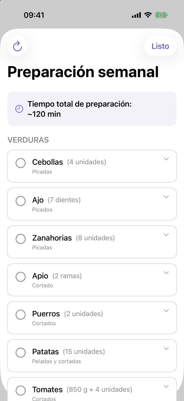 Captura de PlanPlate: la preparación semanal, unos 120 minutos en total, con cebollas, ajo, zanahorias, apio, puerros, patatas y tomates