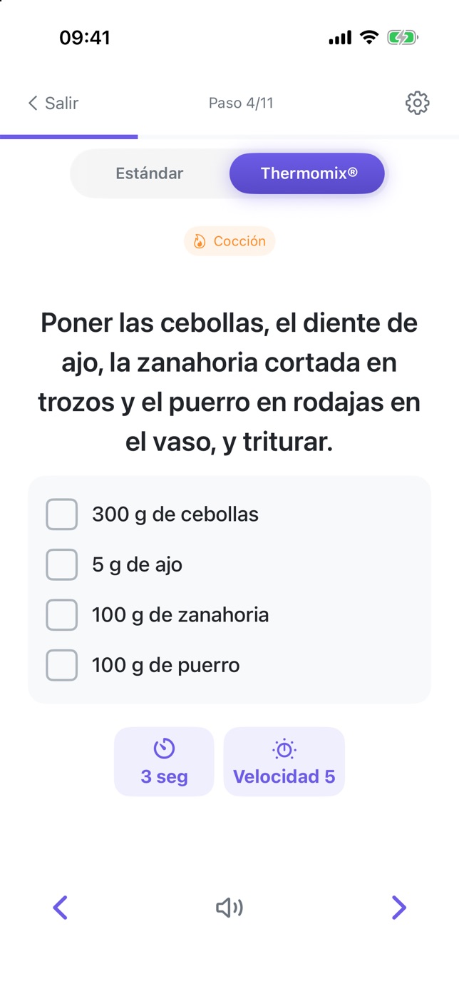Captura de PlanPlate en modo Thermomix: poner las cebollas, el ajo, la zanahoria y el puerro en el vaso y triturar 3 segundos a velocidad 5