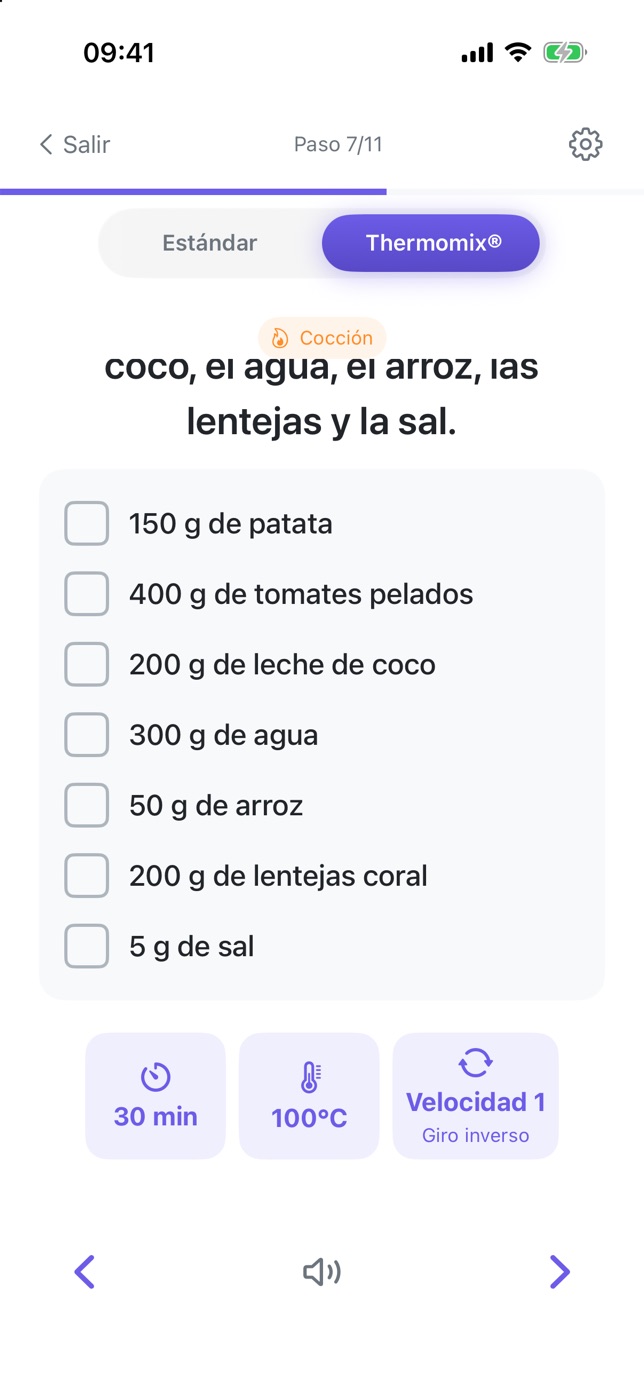 Captura de PlanPlate en modo Thermomix: los ingredientes del curry para marcar y después 30 minutos, 100 °C, velocidad 1 con giro inverso