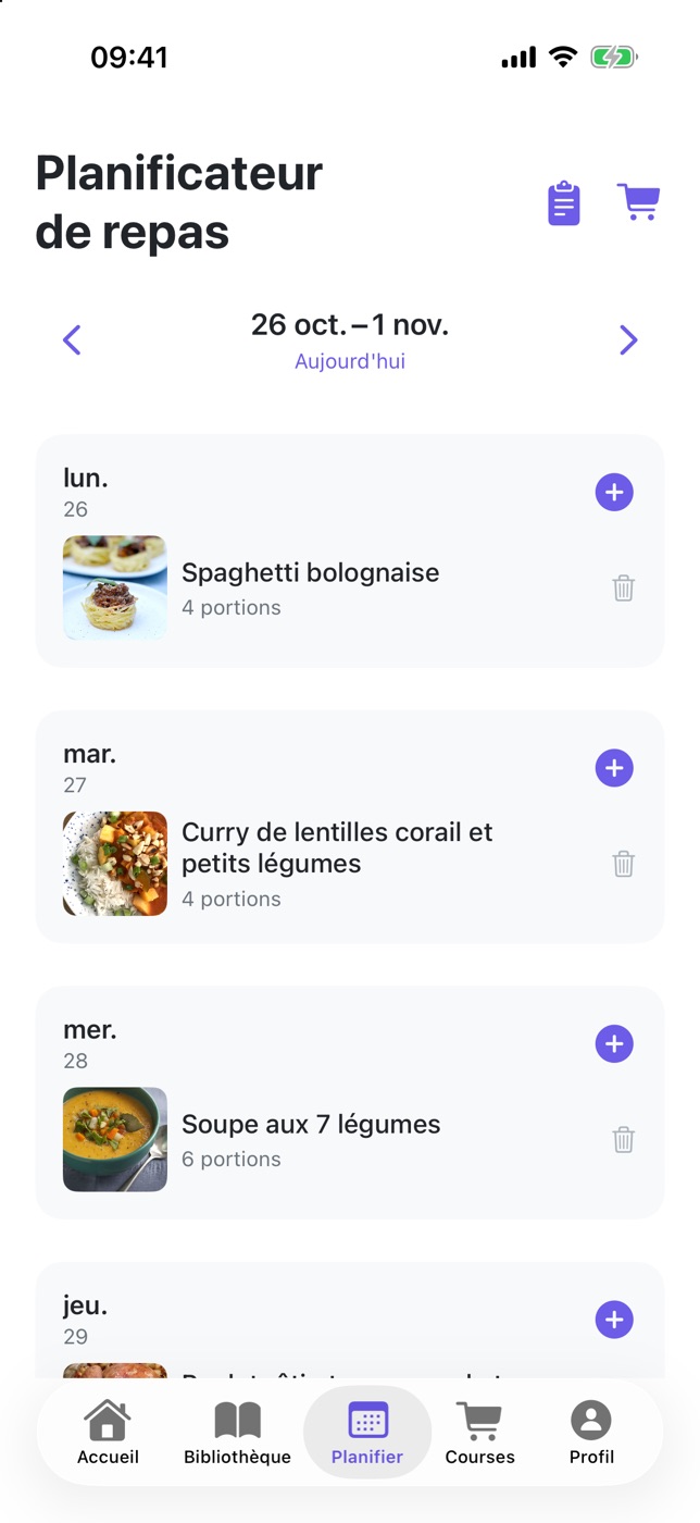 Capture de PlanPlate : le planificateur de repas de la semaine du 26 octobre avec la bolognaise le lundi, le curry de lentilles le mardi et la soupe aux 7 légumes le mercredi