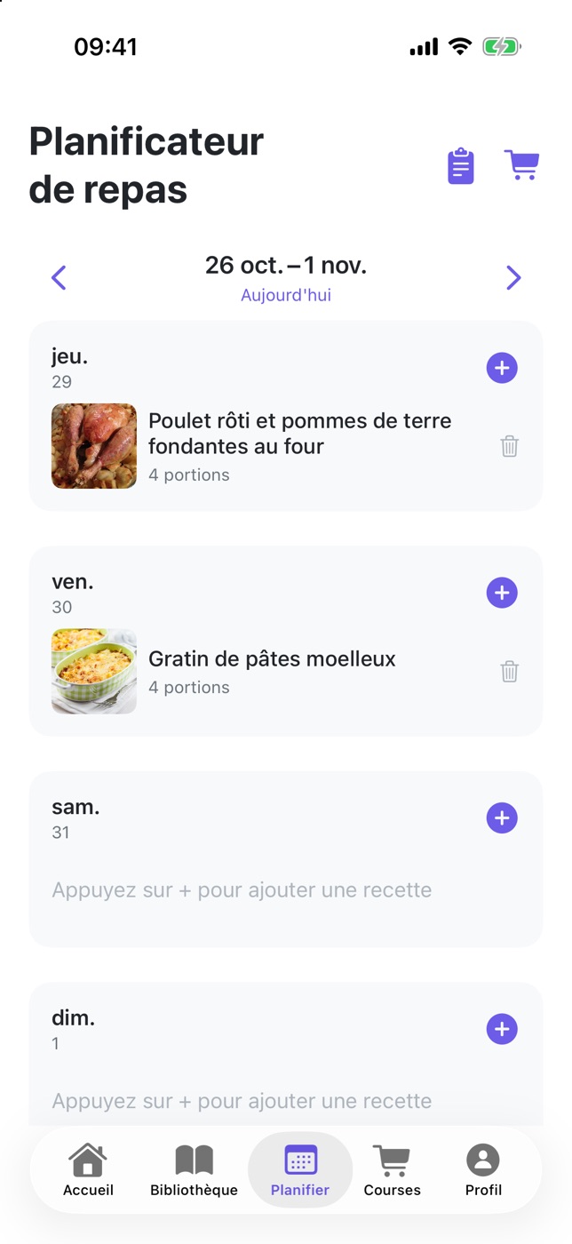 Capture de PlanPlate : la suite de la semaine avec le poulet rôti le jeudi et le gratin de pâtes moelleux le vendredi