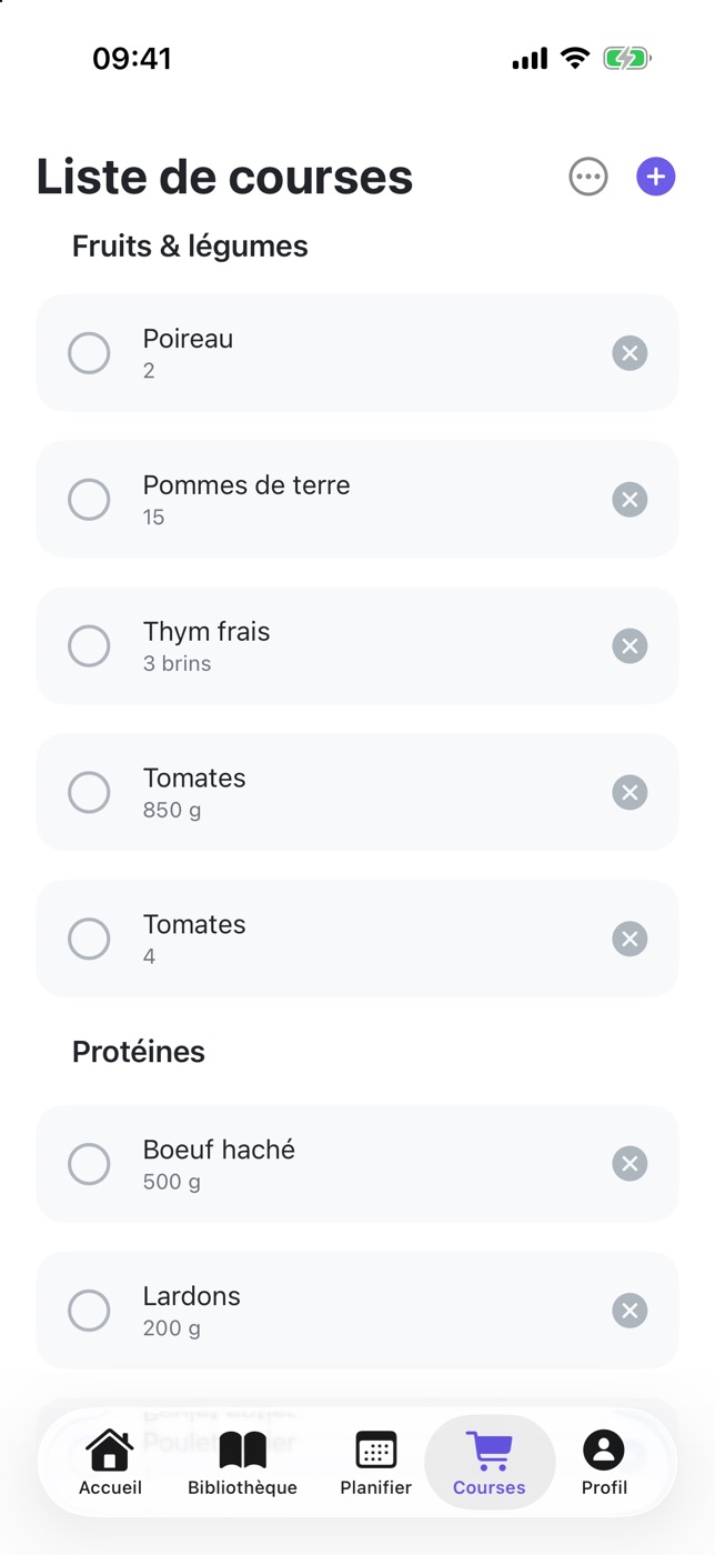 Capture de PlanPlate : l'onglet Courses avec les fruits et légumes puis le rayon protéines, bœuf haché et lardons