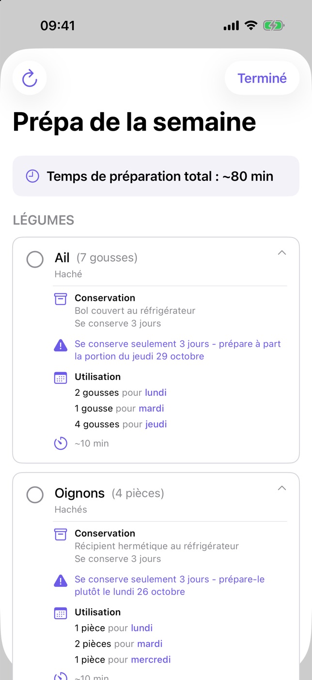 Capture de PlanPlate : la tâche ail haché, à garder 3 jours dans un bol couvert au réfrigérateur, avec l'alerte de préparer à part la portion du jeudi