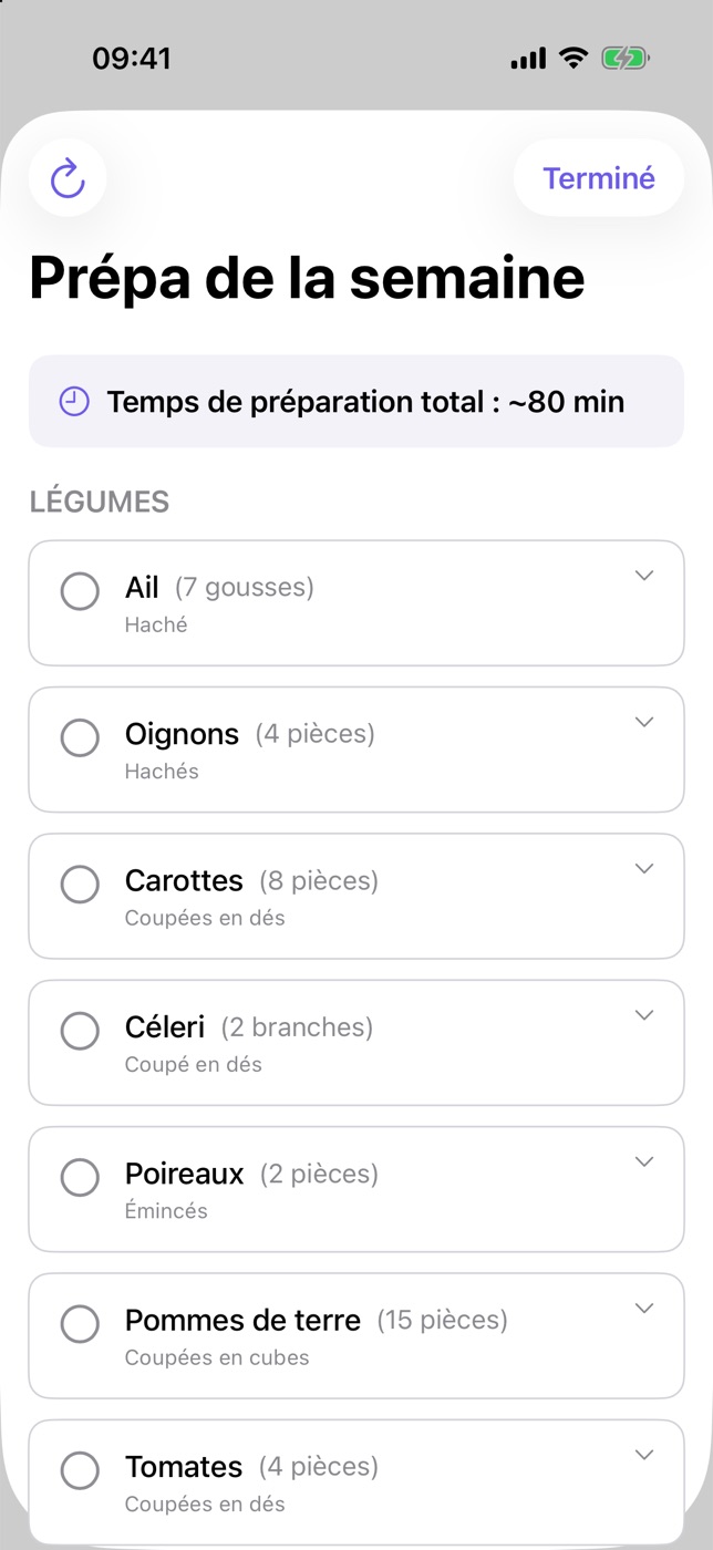 Capture de PlanPlate : la prépa de la semaine, environ 80 minutes au total, avec l'ail, les oignons, les carottes, le céleri, les poireaux, les pommes de terre et les tomates