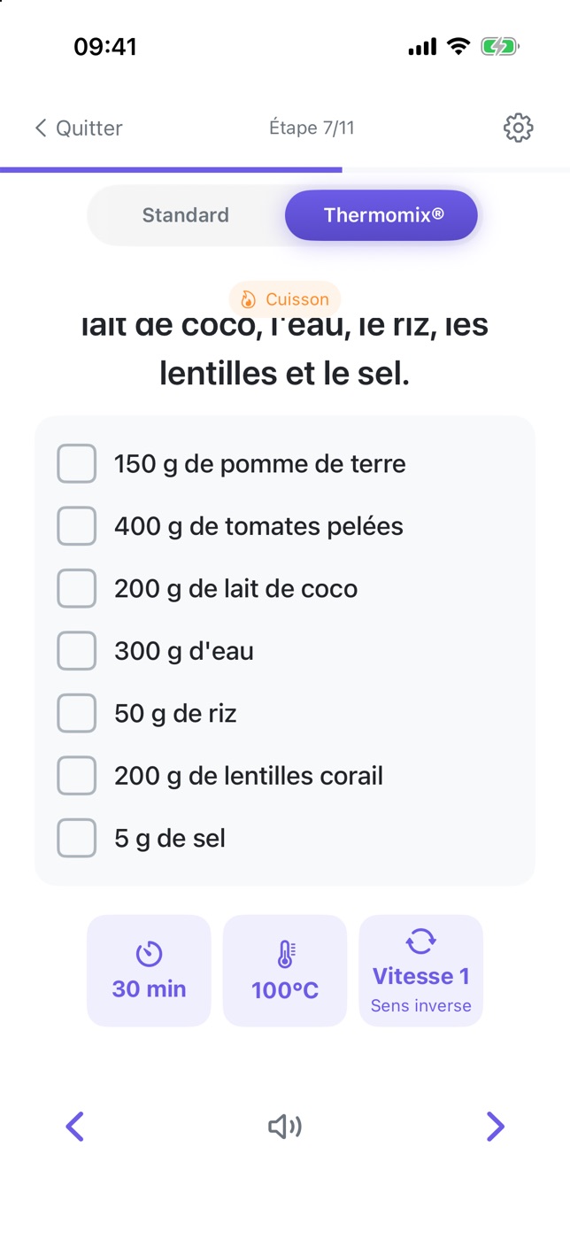 Capture de PlanPlate en mode Thermomix : les ingrédients du curry à cocher, puis 30 minutes, 100 °C, vitesse 1 en sens inverse