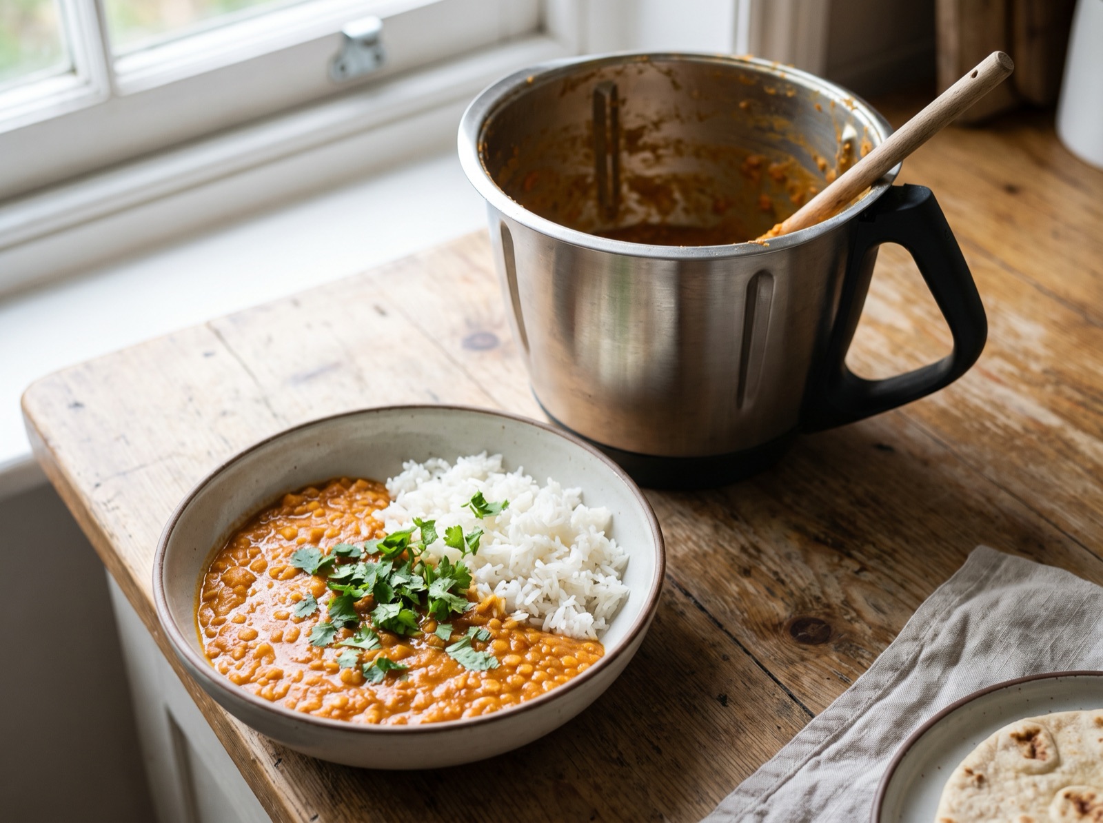 A bowl of red lentil curry with rice and coriander in front of a food processor bowl