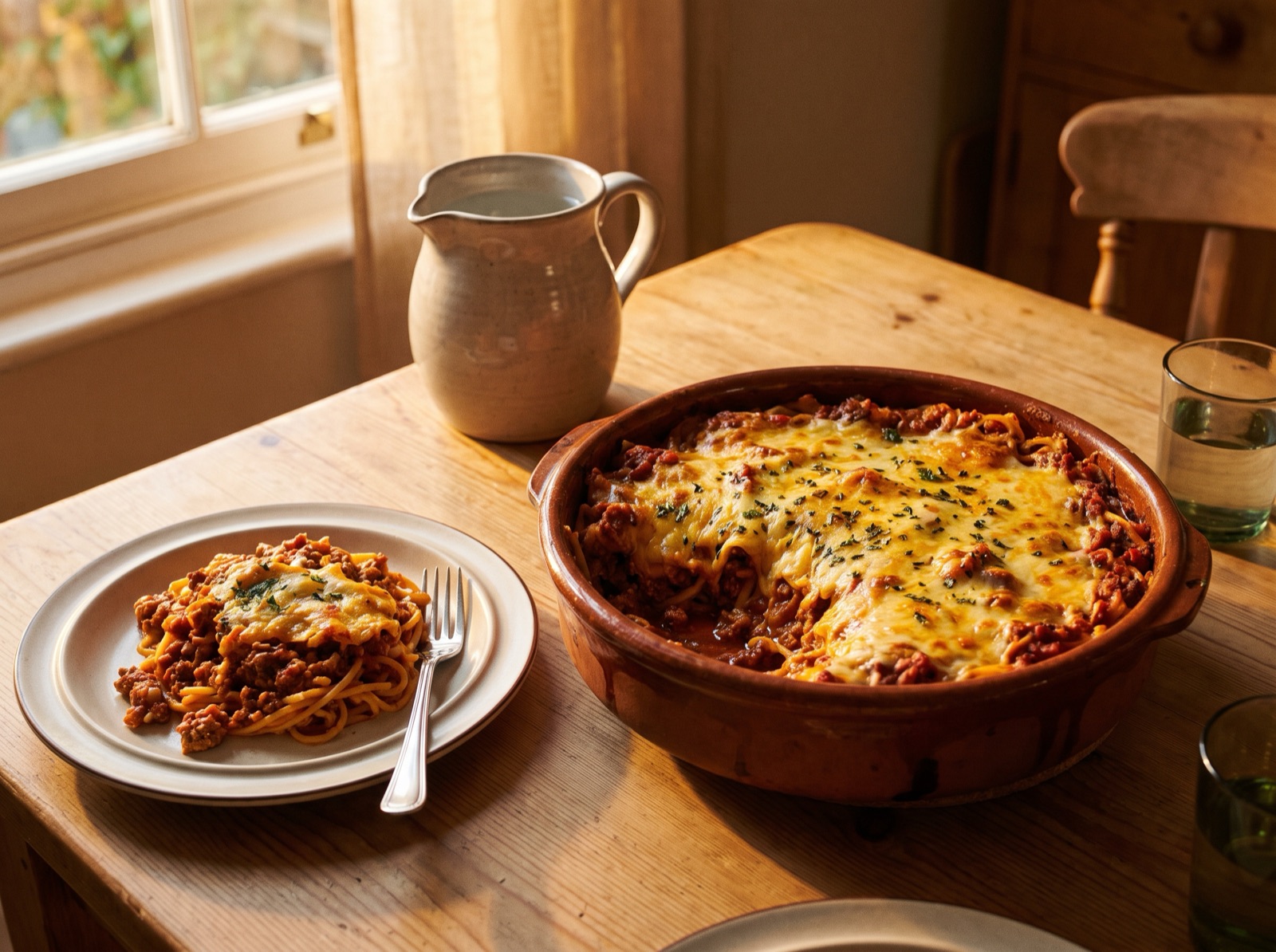 A creamy pasta gratin and a serving on a plate