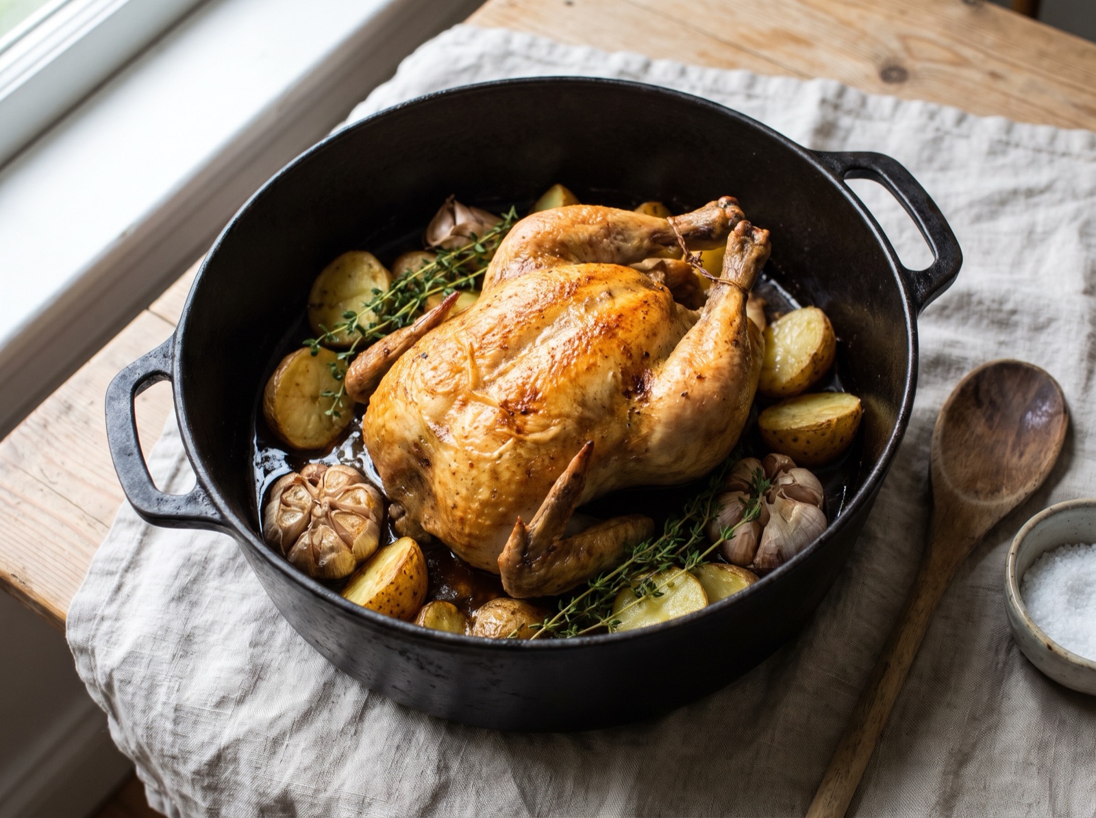 A whole roast chicken in a cast-iron casserole dish, surrounded by potatoes, garlic bulbs and sprigs of thyme
