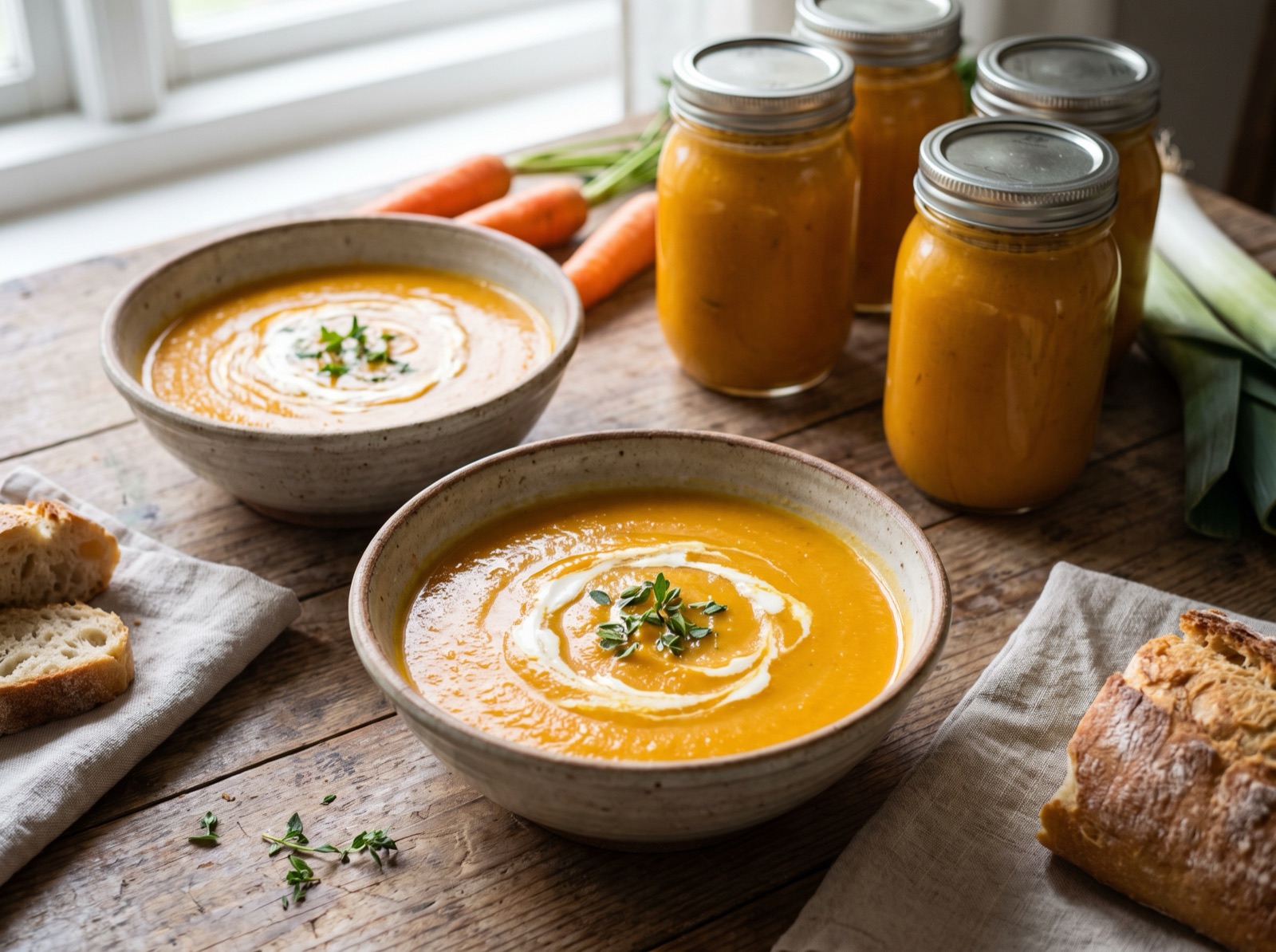 Two bowls of vegetable soup and jars of the same soup ready for the fridge